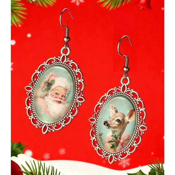 Christmas Santa Reindeer Mismatch Cabuchon Earrings - Picture 2 of 5